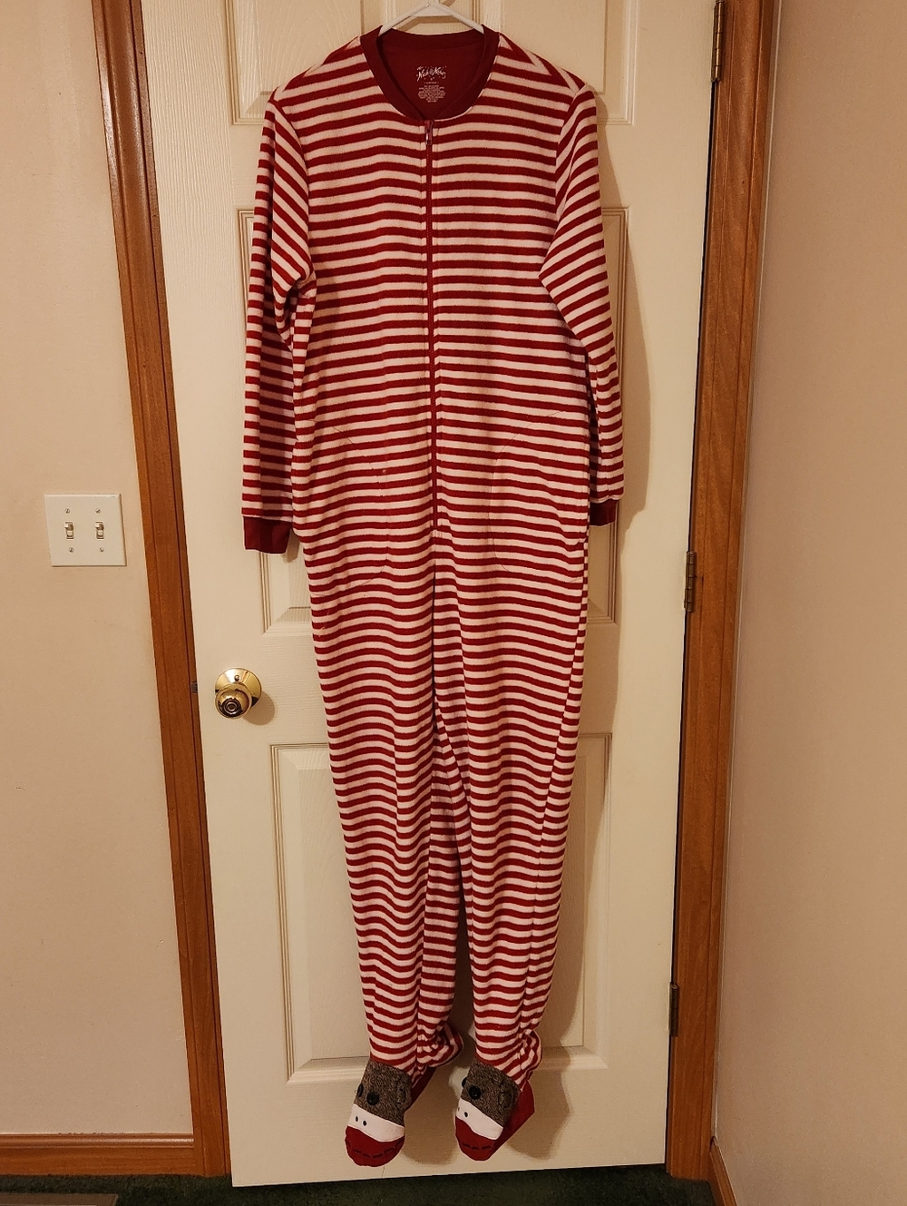 Nick & Nora Sock Monkey Pajamas One Piece Red White Striped Womens Size M Footie